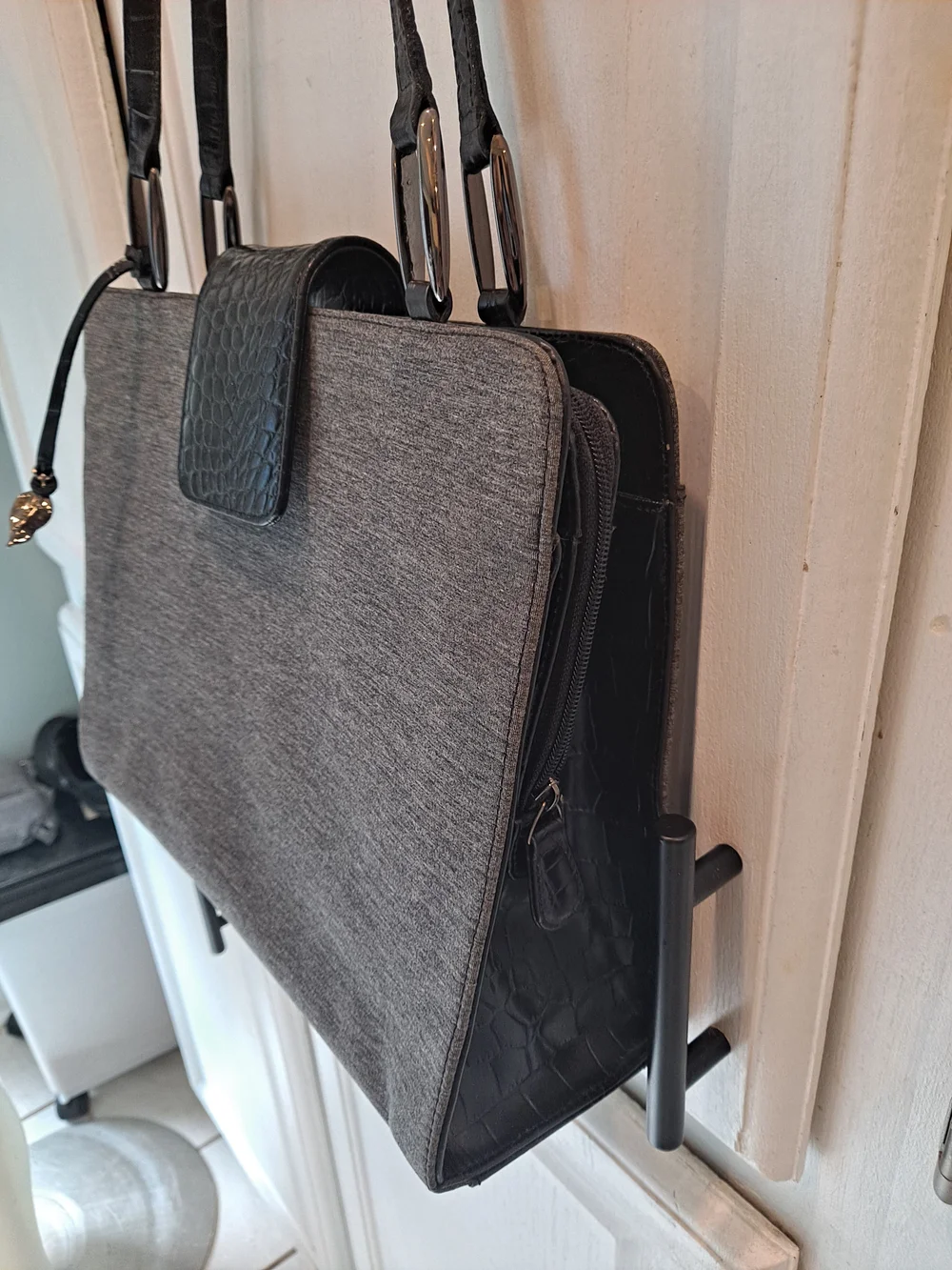 Dana B + Karen Gray Fabric Black Leather Trim Functional Modern Shoulder Bag